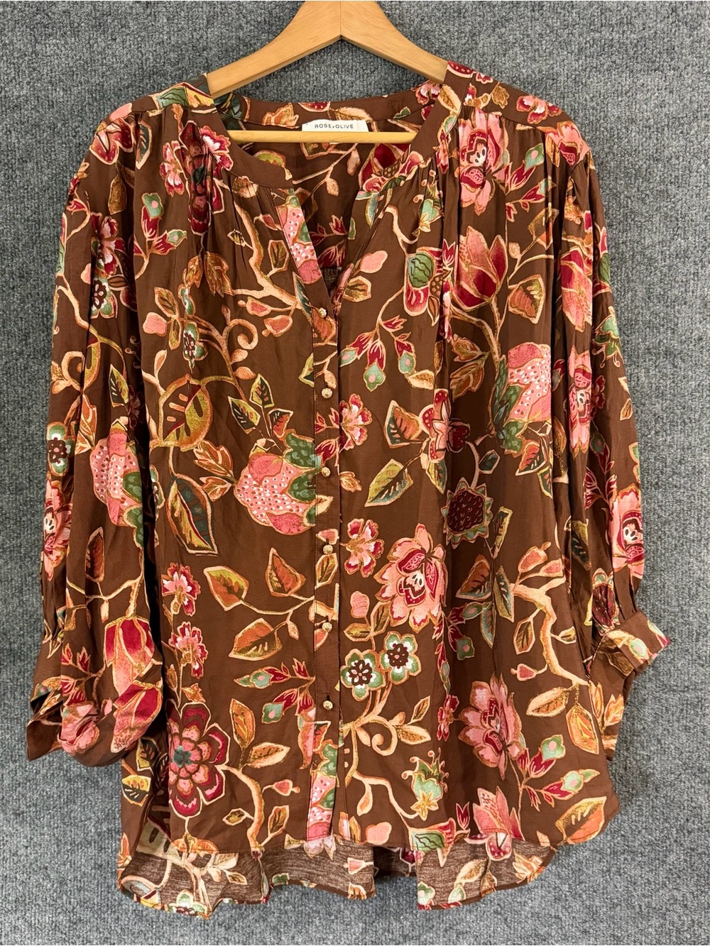 Rose & Olive Womens 1X Floral Button Up Top Brown Pink 3/4 Puff Sleeve Feminine